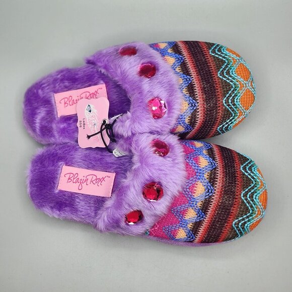 Blazin Roxx  Slip On Slippers Ladies 5/6 Purple Fabric Faux Fur Rhinestone NWT - Picture 1 of 9